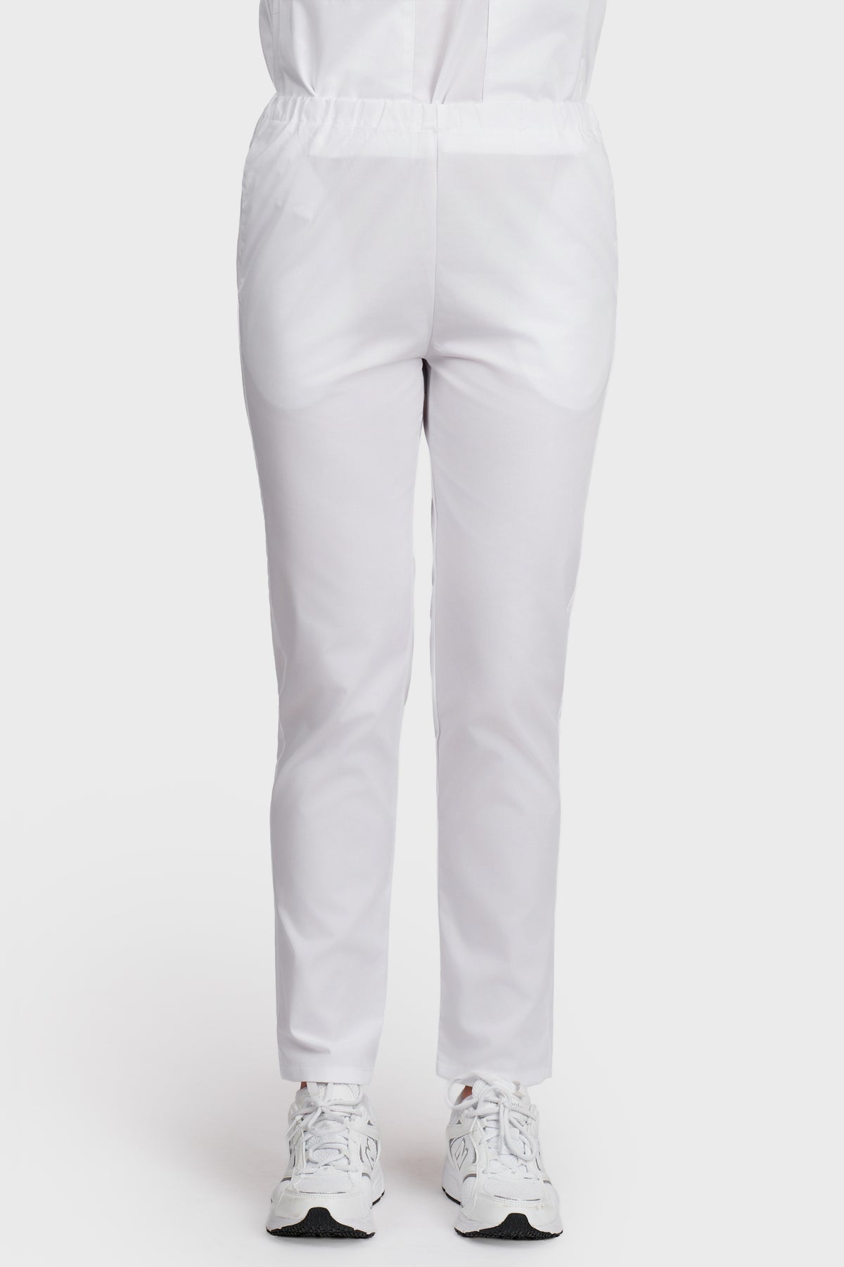 Pantaloni medicali femei cu elastic alb - vedere din fata - AKITEX