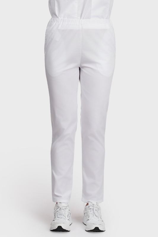Pantaloni medicali femei cu elastic alb - vedere din fata - AKITEX