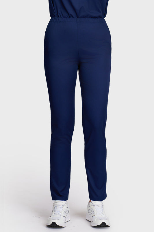 Pantaloni medicali femei cu elastic bleumarin - vedere din fata - AKITEX