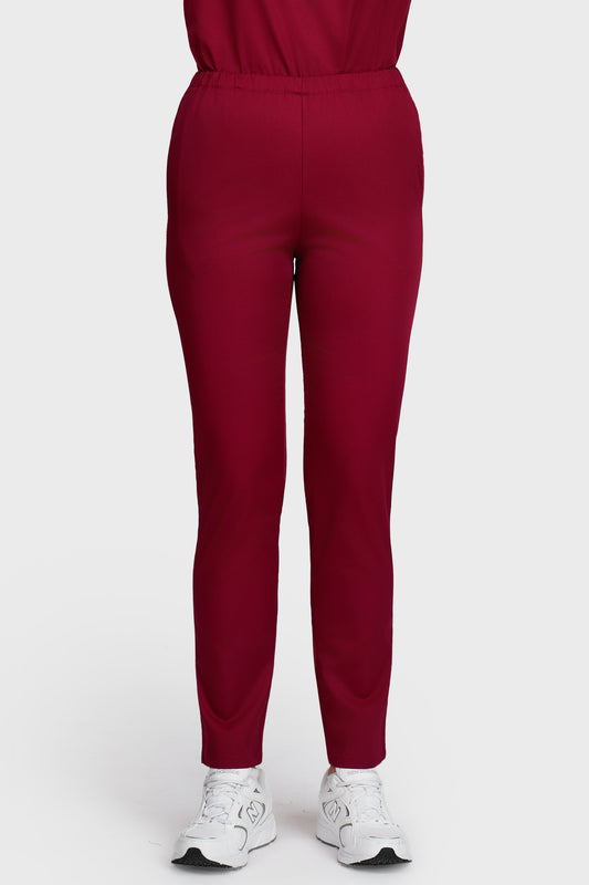 Pantaloni medicali femei cu elastic bordo - vedere din fata - AKITEX