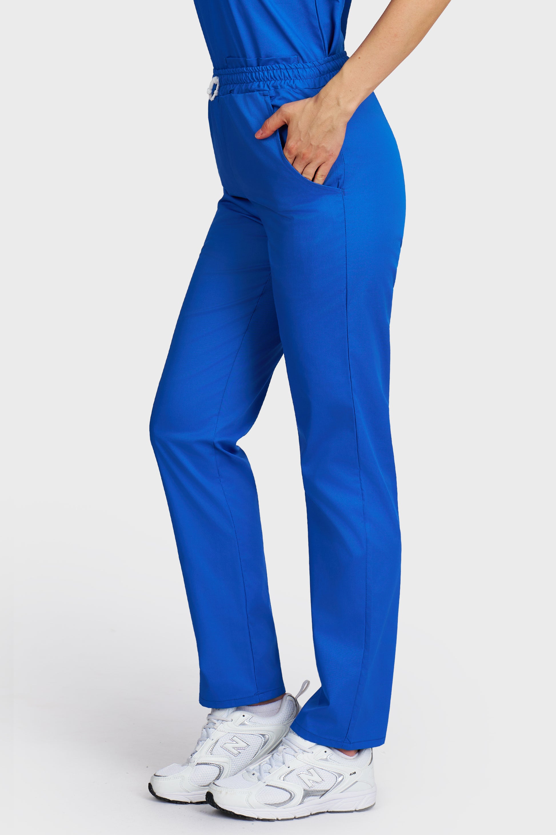 Pantaloni medicali femei cu elastic si snur albastru royal - vedere laterala - AKITEX