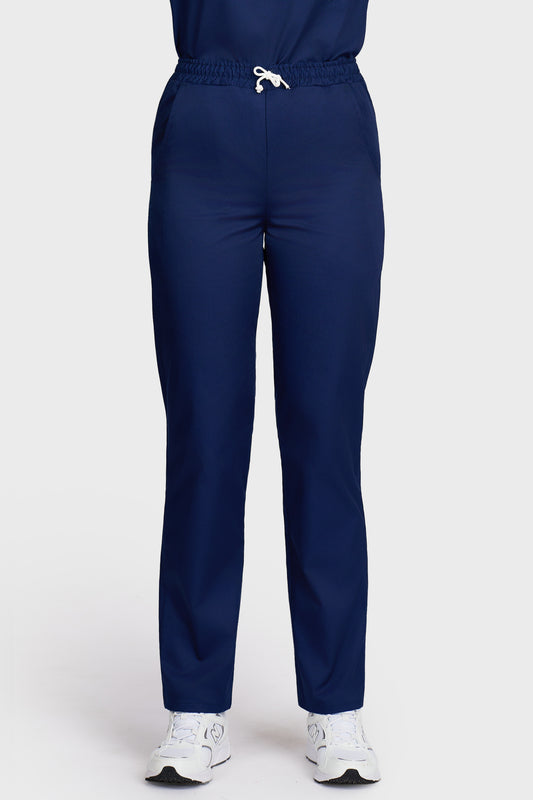 Pantaloni medicali femei cu elastic si snur bleumarin - vedere din fata - AKITEX