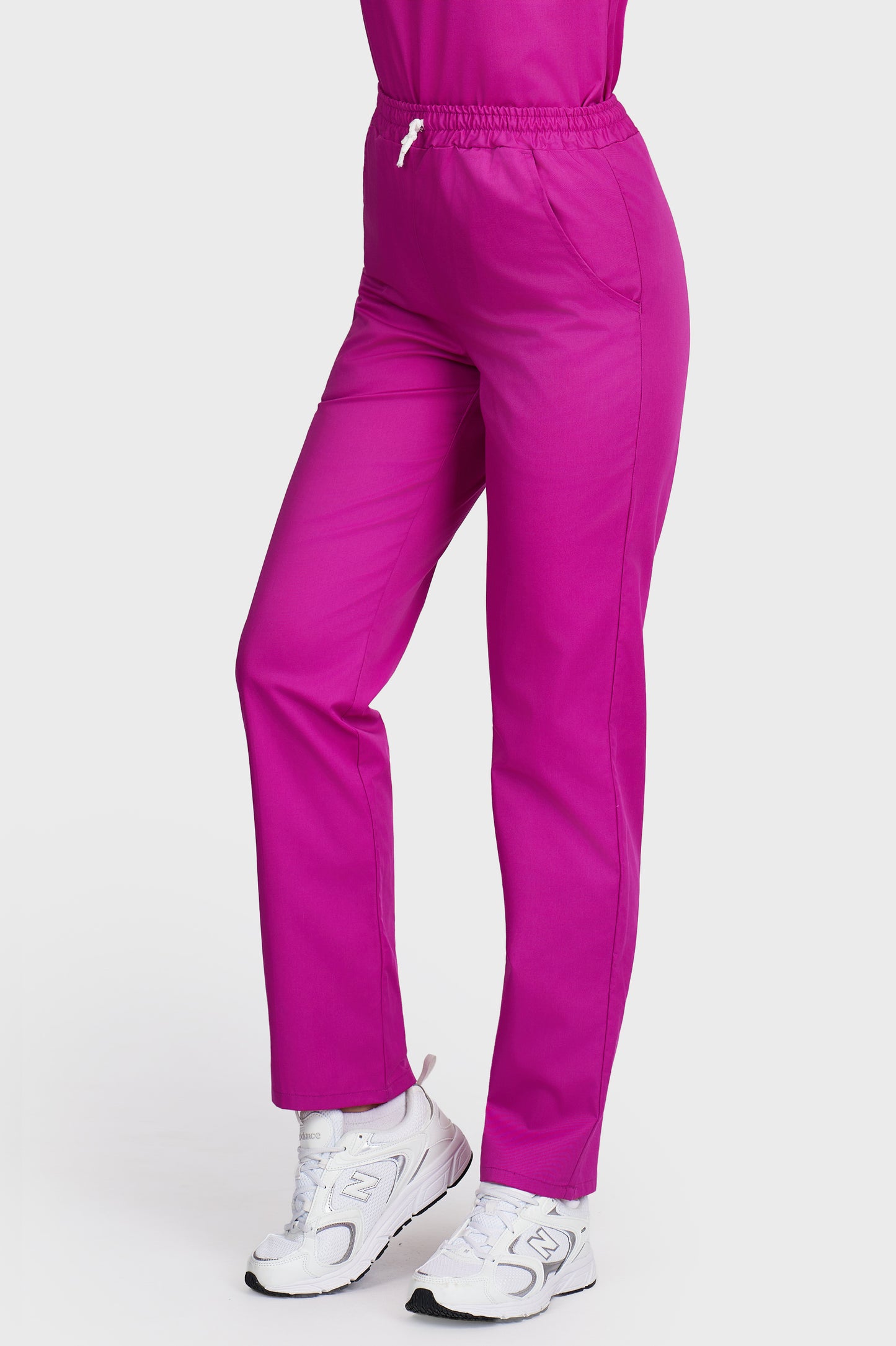 Pantaloni medicali femei cu elastic si snur fucsia - vedere laterala - AKITEX