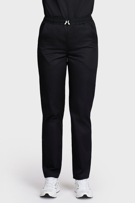 Pantaloni medicali femei cu elastic si snur negru - vedere din fata - AKITEX