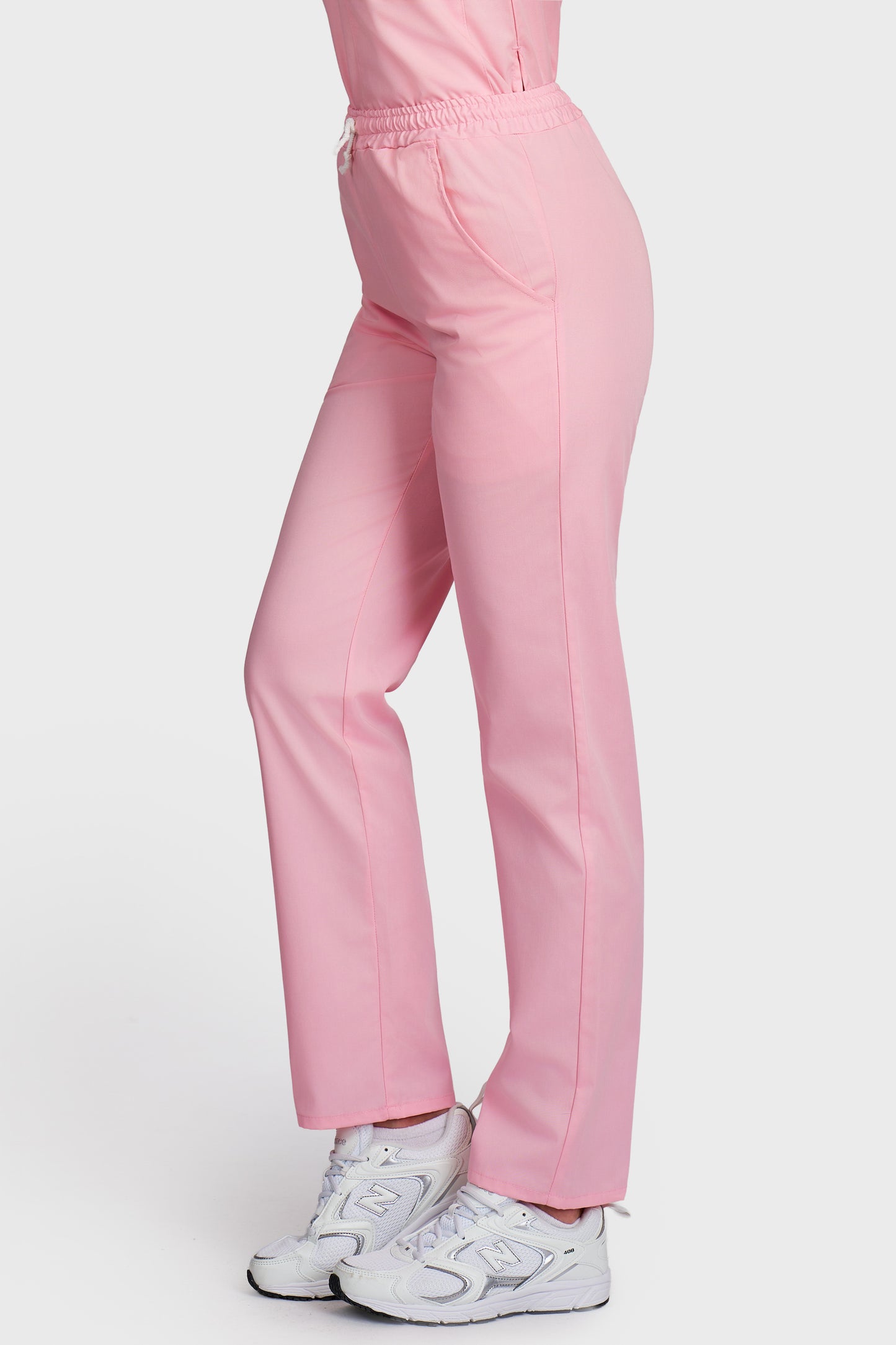 Pantaloni medicali femei cu elastic si snur roz - vedere laterala - AKITEX