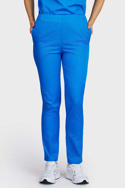 Pantaloni medicali femei cu elastic turcoaz - vedere din fata - AKITEX