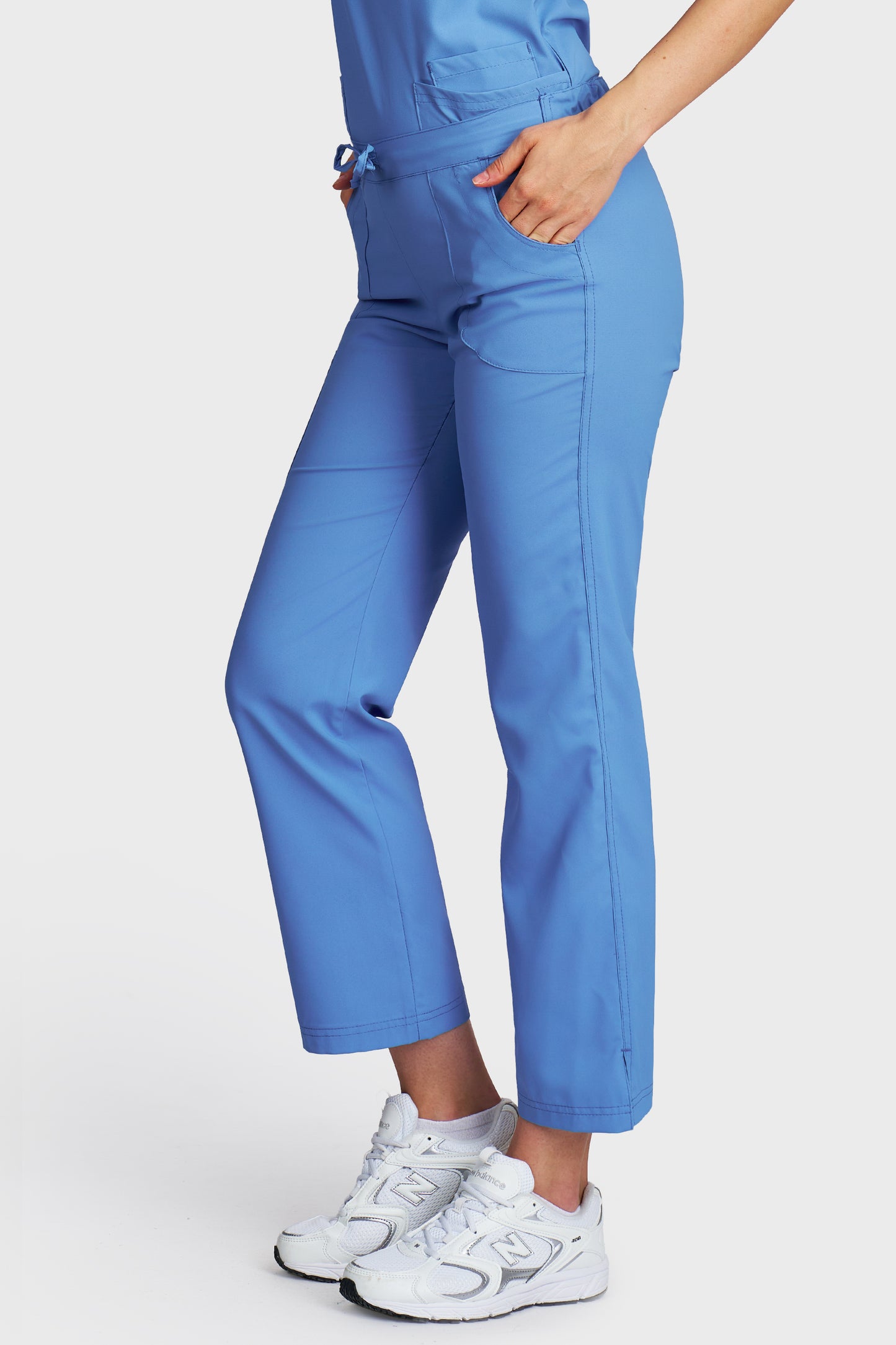 Pantaloni medicali femei Violeta albastru azur stretch - vedere laterala - AKITEX