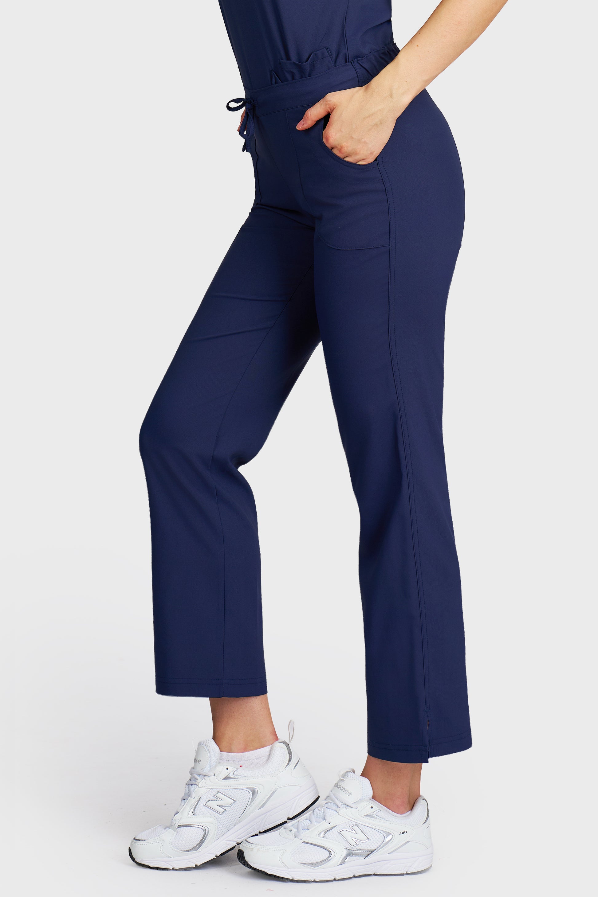 Pantaloni medicali femei Violeta bleumarin stretch - vedere laterala - AKITEX
