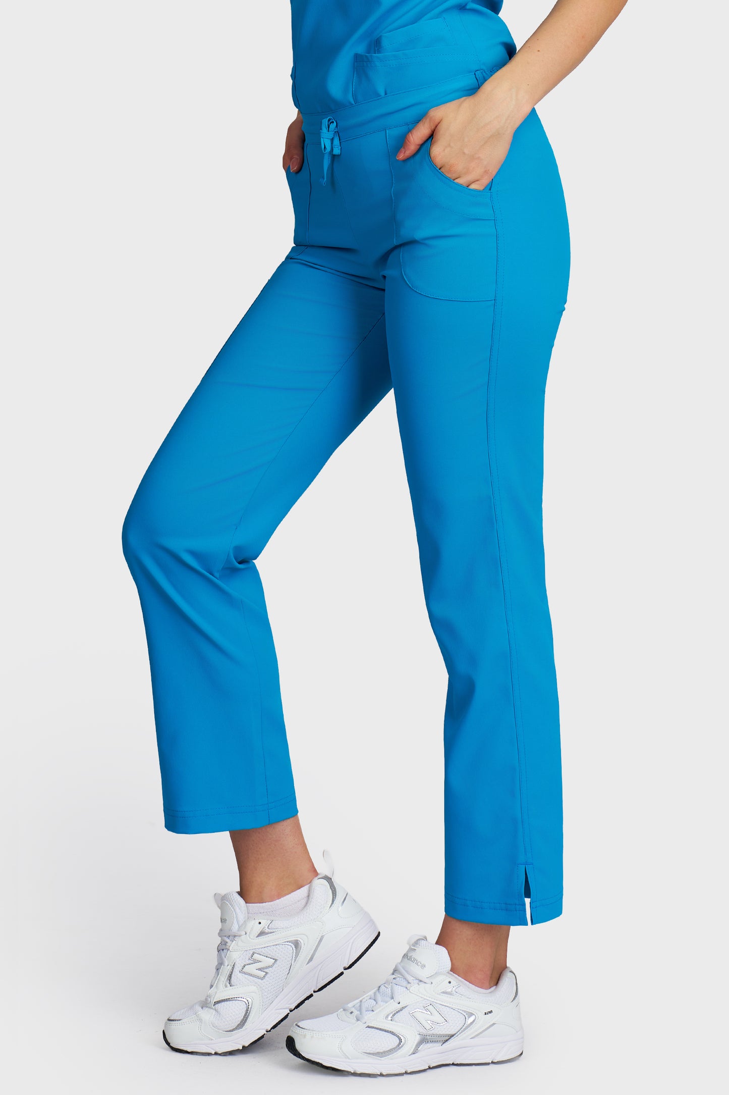 Pantaloni medicali femei Violeta turcoaz stretch - vedere laterala - AKITEX